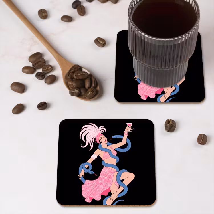 Vrouw - Danseres - Slangen - Art Deco - Roze onderzetter kurk middel -sfeer2