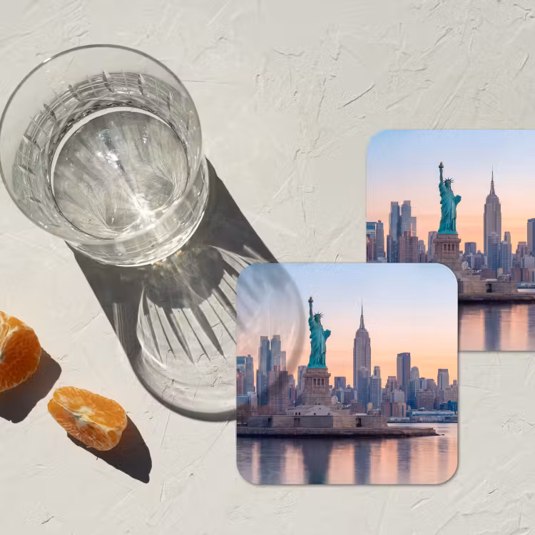 Vrijheidsbeeld - New York - Zonsopgang - Stad - Architectuur onderzetter kurk middel -sfeer4