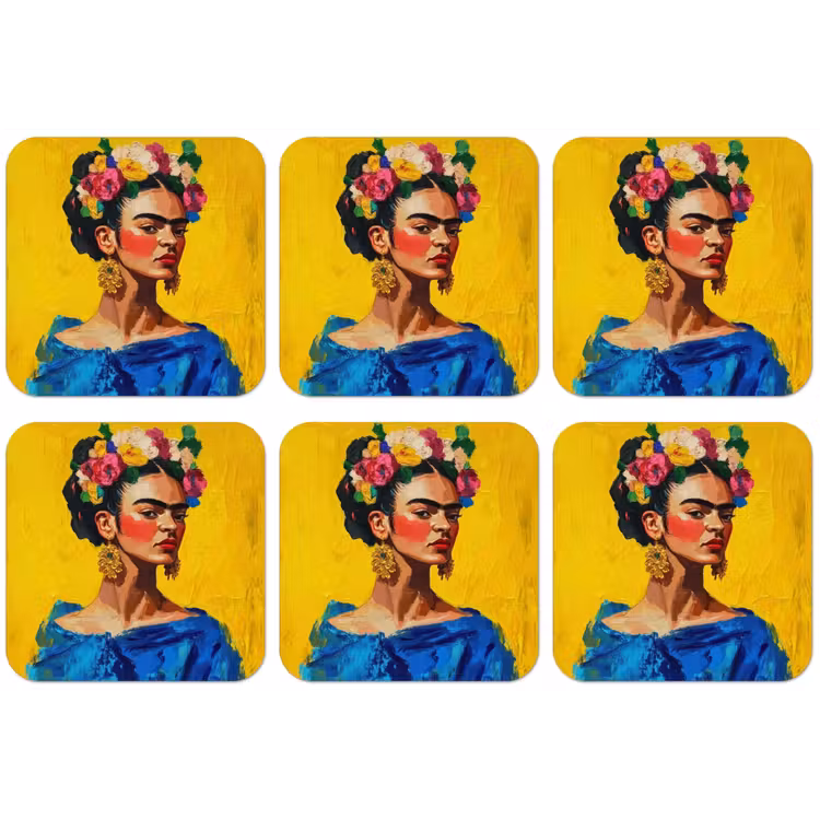 Frida Kahlo - Vrouw - Geel - Blauw - Bloemen onderzetter kurk middel -zkaufland3dotto