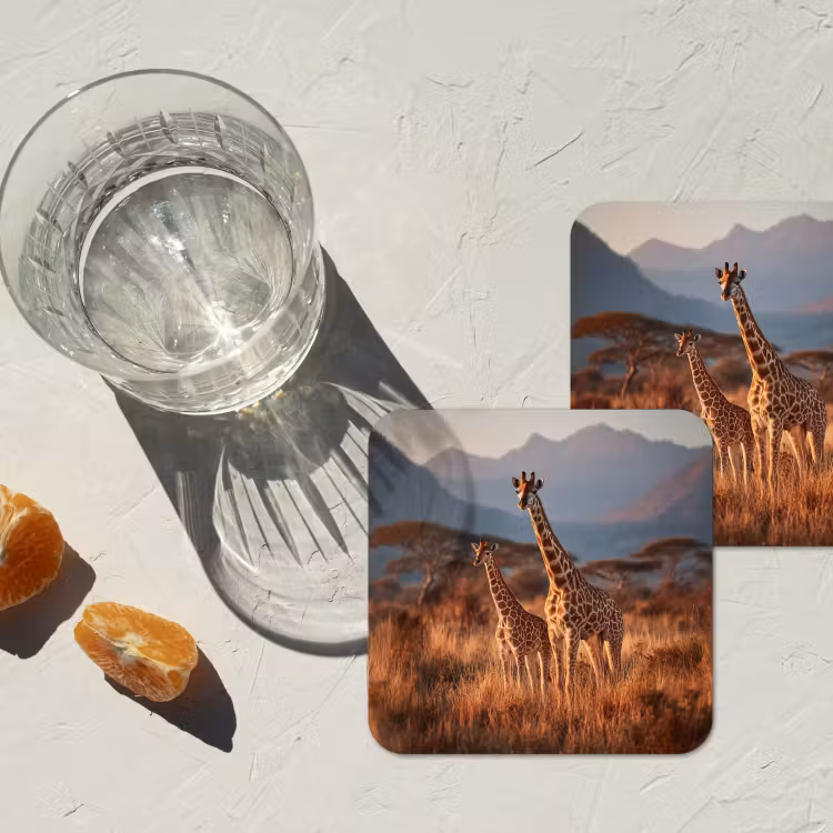 Giraffen - Hoog gras - Acaciabomen onderzetter kurk middel -sfeer4