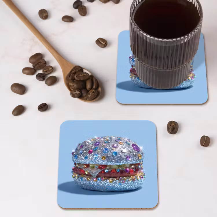 Glitters - Hamburger - Blauw onderzetter kurk middel -sfeer2