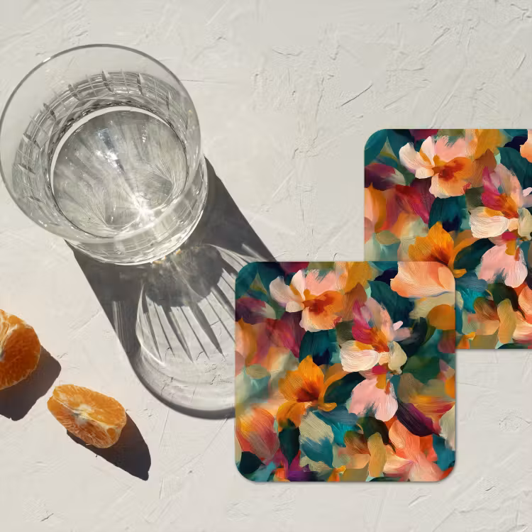 Harmonieus - Abstracte bloemen - Warme tinten onderzetter kurk middel -sfeer4