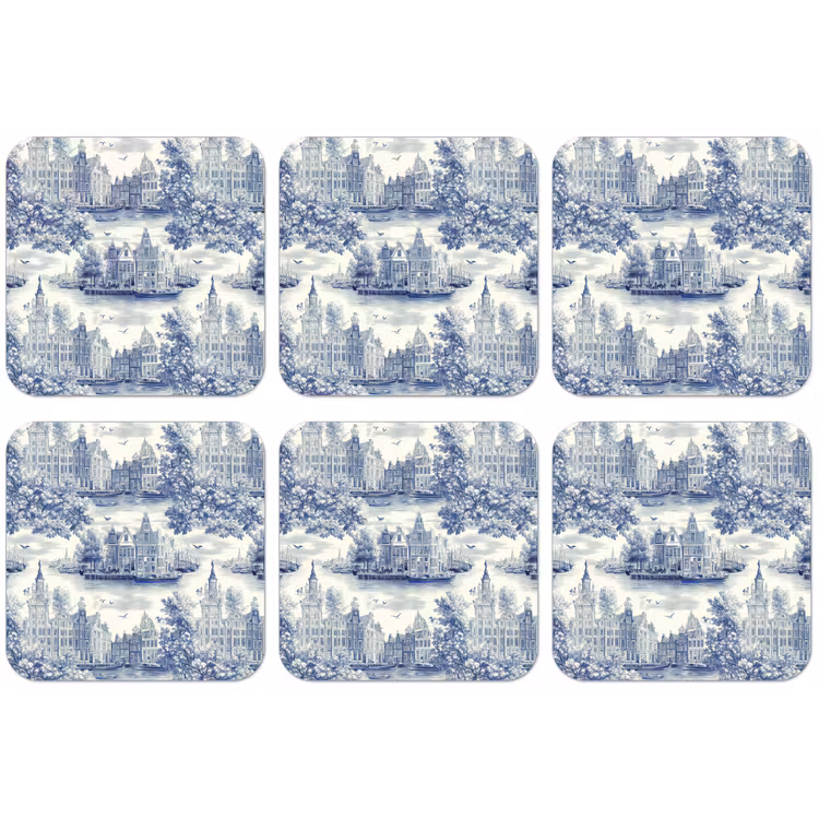 Huizen - Bomen - Water - Vogels - Blauw onderzetter kurk middel 366 -zkaufland3dotto