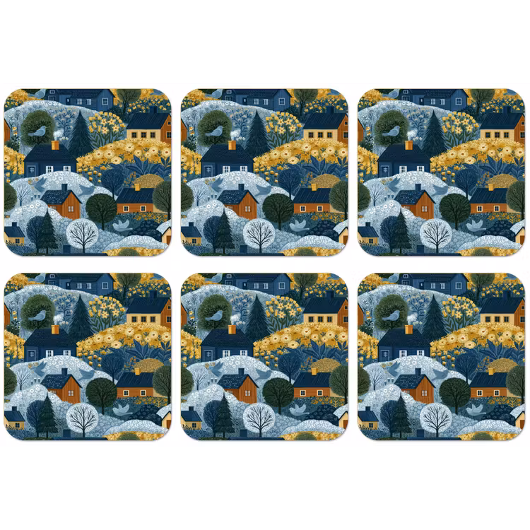 Huisjes - Bloemen - Patroon - Geel - Blauw onderzetter kurk middel 366 -zkaufland3dotto