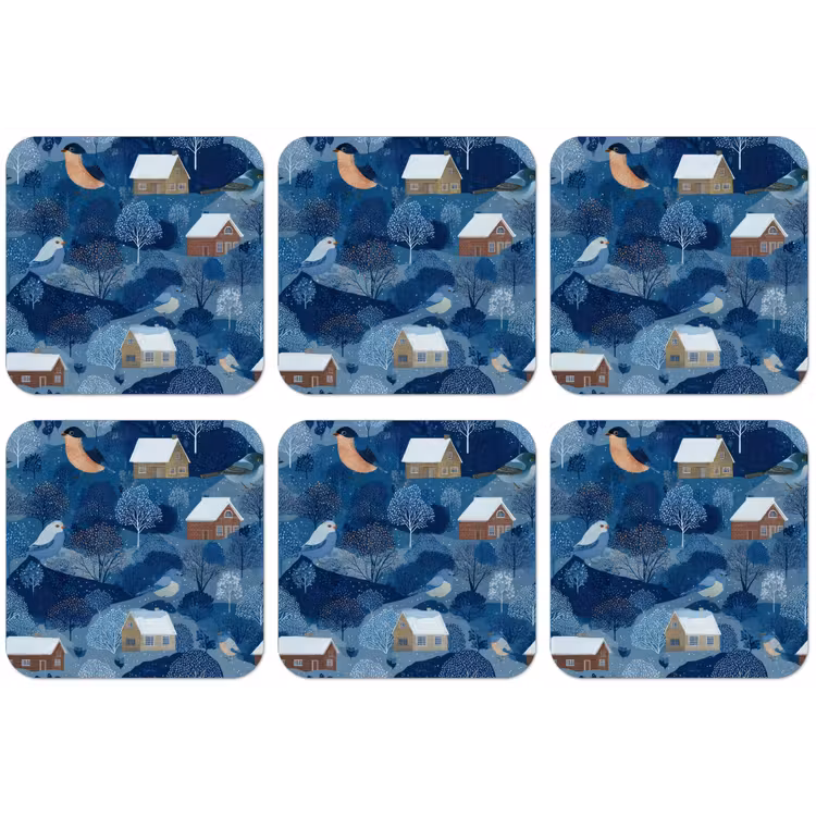 Huisjes - Vogels - Sneeuw - Winter - Blauw onderzetter kurk middel 366 -zkaufland3dotto