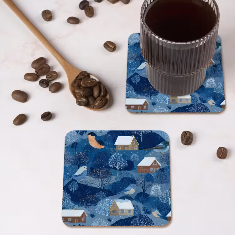 Huisjes - Vogels - Sneeuw - Winter - Blauw onderzetter kurk middel 366 -sfeer2
