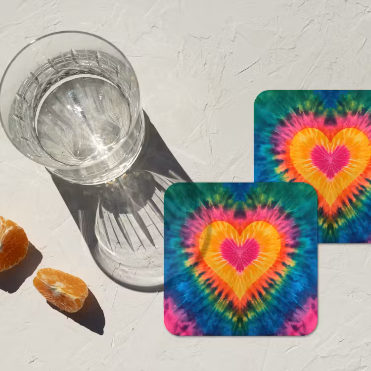 Hart - Tie Dye - Kleurrijk onderzetter kurk middel -sfeer4