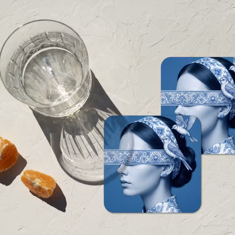 Portret - Klassiek - Wit - Blauw onderzetter kurk middel -sfeer4