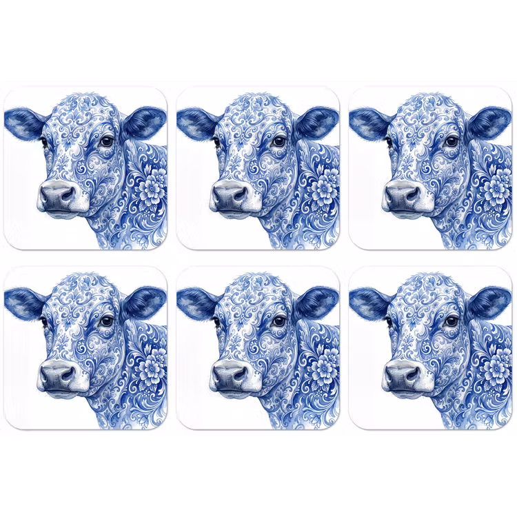 Illustratie - Koe - Blauw onderzetter kurk middel -zkaufland3dotto