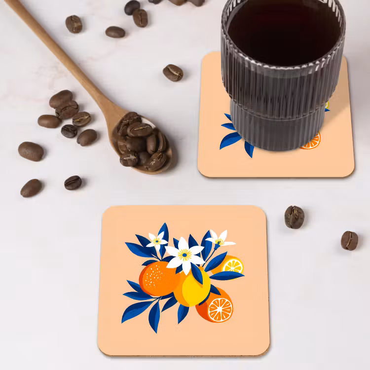 Illustratie - Sinaasappels - Donkerblauw - Bloemen onderzetter kurk middel -sfeer2