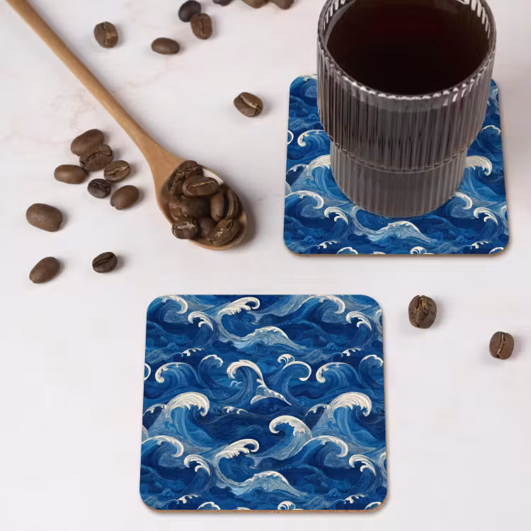 Japans - Oceaan - Golven - Blauw onderzetter kurk middel 366 -sfeer2