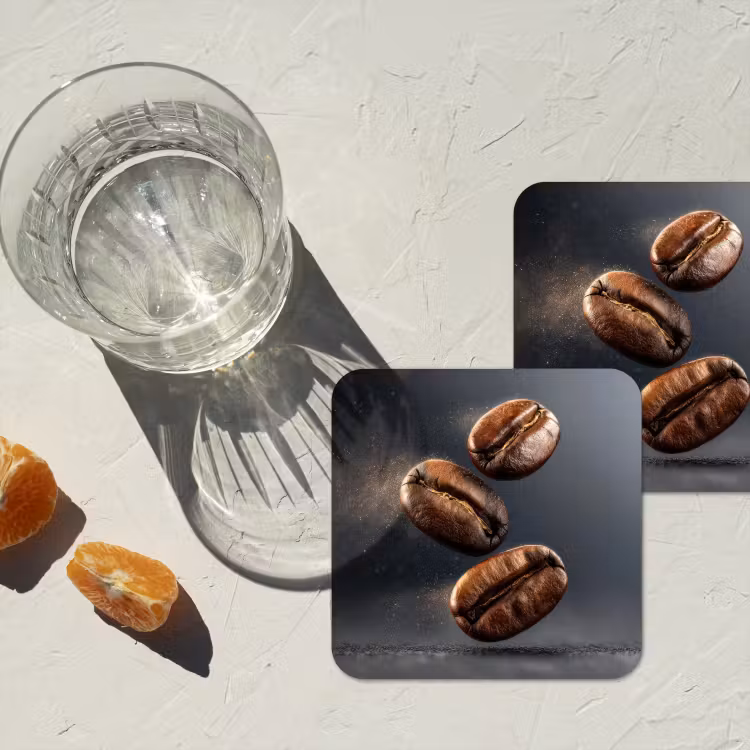 Koffiebonen - Zwevend - Grijs onderzetter kurk middel -sfeer4