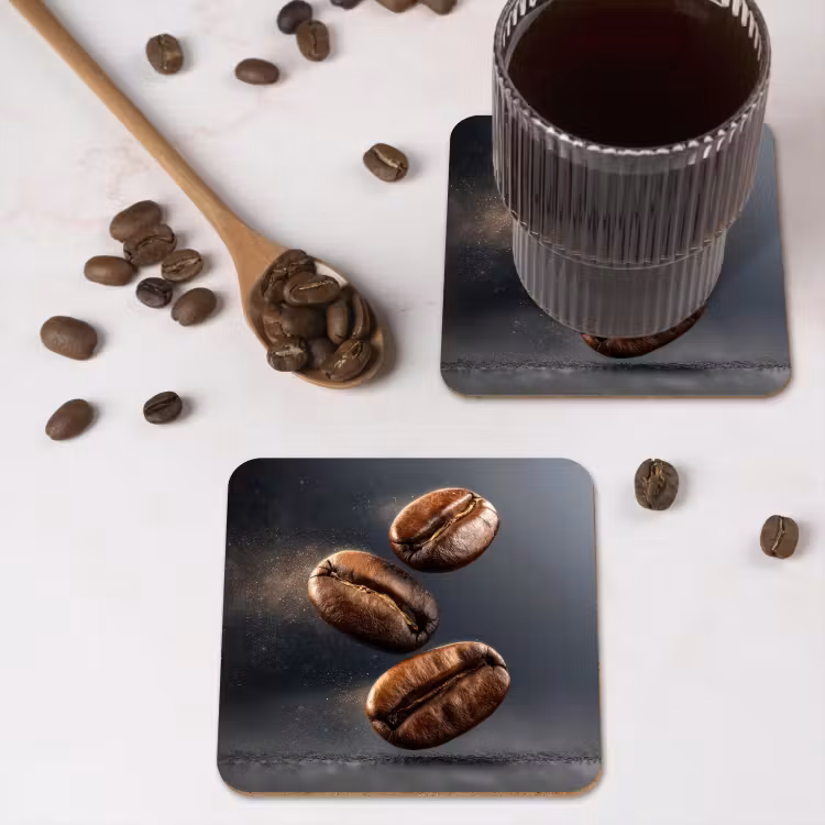 Koffiebonen - Zwevend - Grijs onderzetter kurk middel -sfeer2