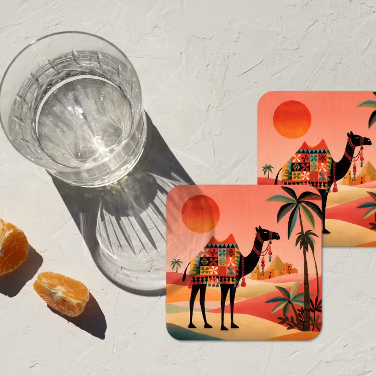 Kameel - Gekleurd tapijt - Duinen - Rode zon onderzetter kurk middel -sfeer4
