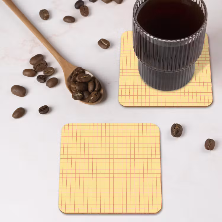 Ruitjes - Grid - Minimalistisch - Geel - Roze onderzetter kurk middel 366 -sfeer2