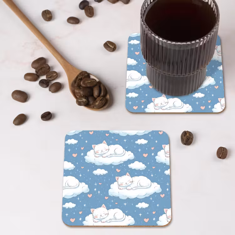 Kitten - Wolken - Blauw onderzetter kurk middel 366 -sfeer2