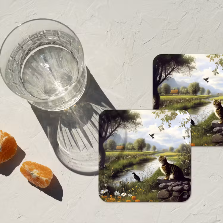 Kat - Beekje - Weide onderzetter kurk middel -sfeer4