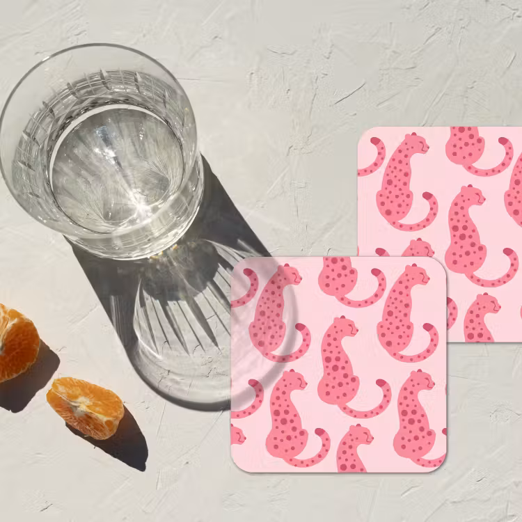 Kat - Gevlekt - Dieren - Patroon - Roze onderzetter kurk middel -sfeer4
