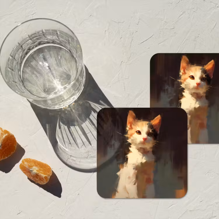 Kat - Geschilderd - Artistiek - Wit onderzetter kurk middel -sfeer4
