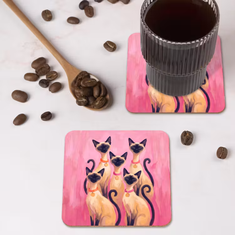 Kat - Groep - Dieren - Modern - Roze onderzetter kurk middel -sfeer2