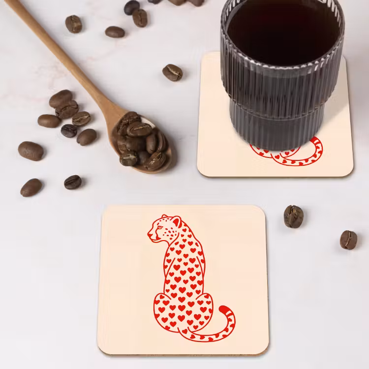 Kat - Harten - Dieren - Modern - Rood onderzetter kurk middel -sfeer2