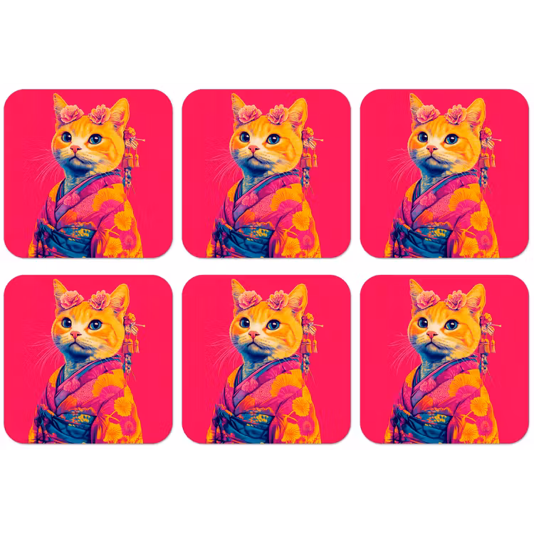 Kat - Kimono - Bloemen - Roze onderzetter kurk middel -zkaufland3dotto