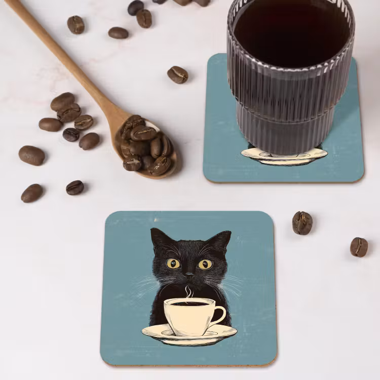 Kat - Zwart - Koffie - Minimalistisch onderzetter kurk middel -sfeer2