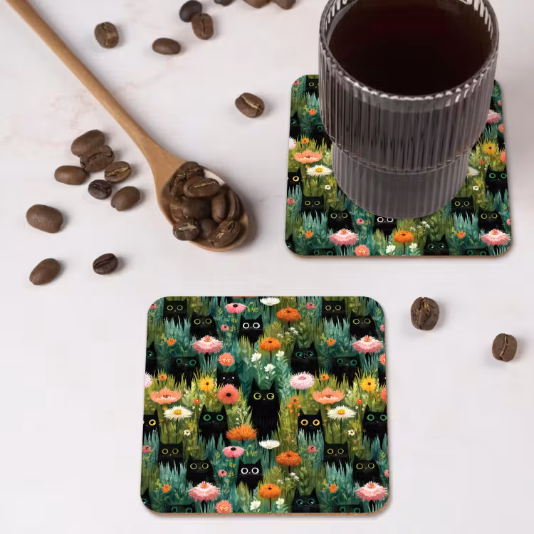 Katten - Bloemen - Kleurrijk onderzetter kurk middel 366 -sfeer2