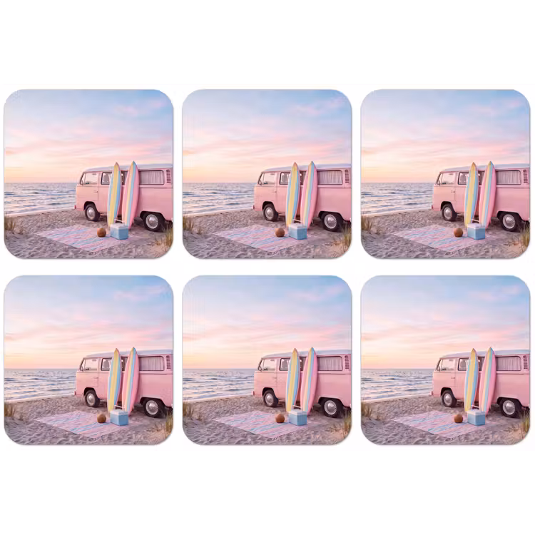 Busje - Strand - Surfplank - Zomer - Roze onderzetter kurk middel -zkaufland3dotto