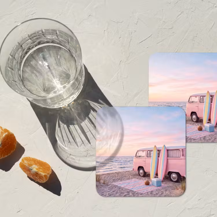 Busje - Strand - Surfplank - Zomer - Roze onderzetter kurk middel -sfeer4