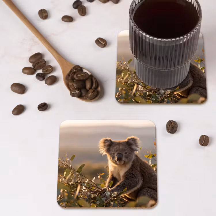 Koala - Bladeren - Ochtendlicht onderzetter kurk middel -sfeer2