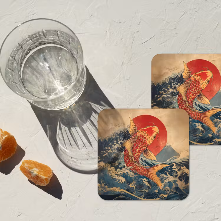 Koi - Zee - Golven - Zon onderzetter kurk middel -sfeer4