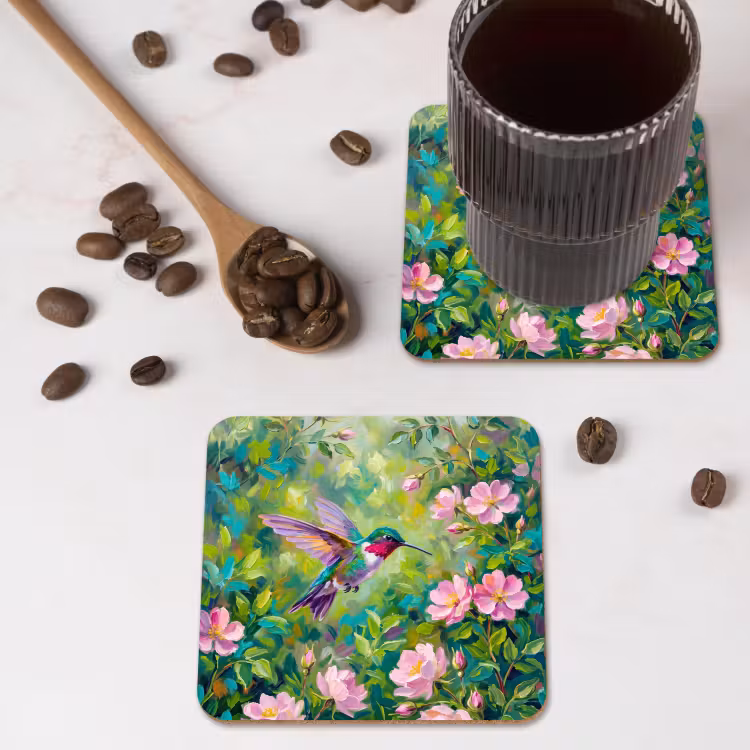 Kolibrie - Bloemen - Natuur - Kleurrijk onderzetter kurk middel -sfeer2