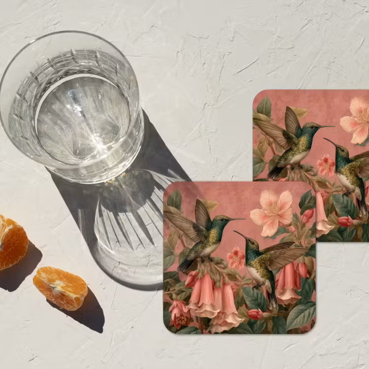 Kolibries - Bloemen - Groen - Roze onderzetter kurk middel -sfeer4