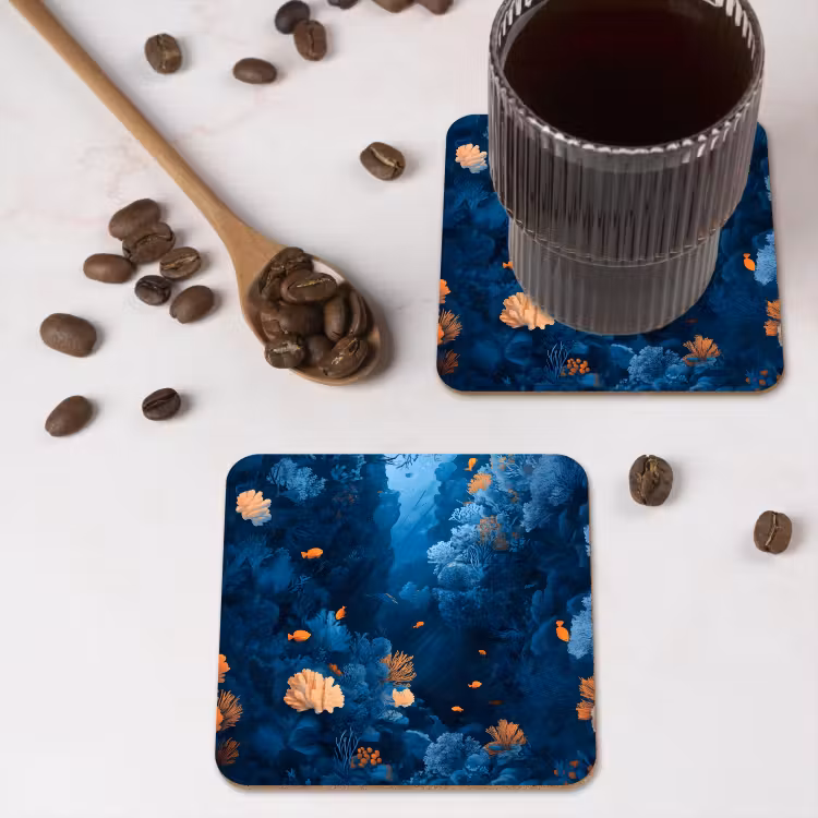 Koraalrif - Vissen - Oceaan - Blauw onderzetter kurk middel -sfeer2