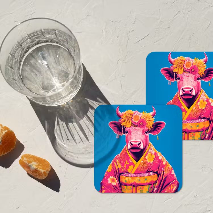 Koe - Bloemenkrans - Oorhangers - Kimono onderzetter kurk middel -sfeer4