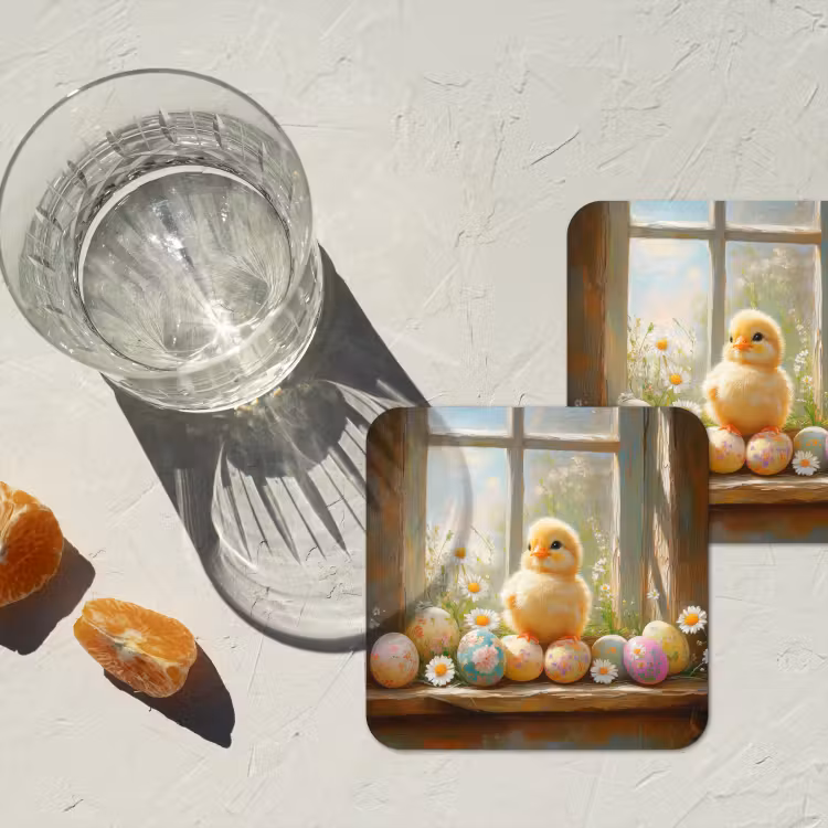 Kuiken - Raam - Paaseieren onderzetter kurk middel -sfeer4