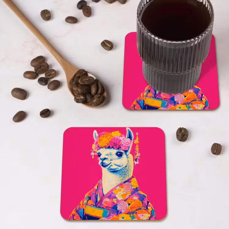 Lama - Kimono - Bloemenkrans - Felroze onderzetter kurk middel -sfeer2