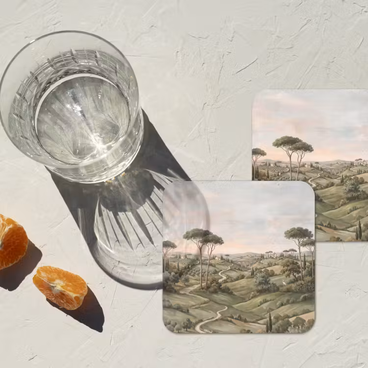 Landschap - Heuvels - Zandpad - Groen onderzetter kurk middel -sfeer4