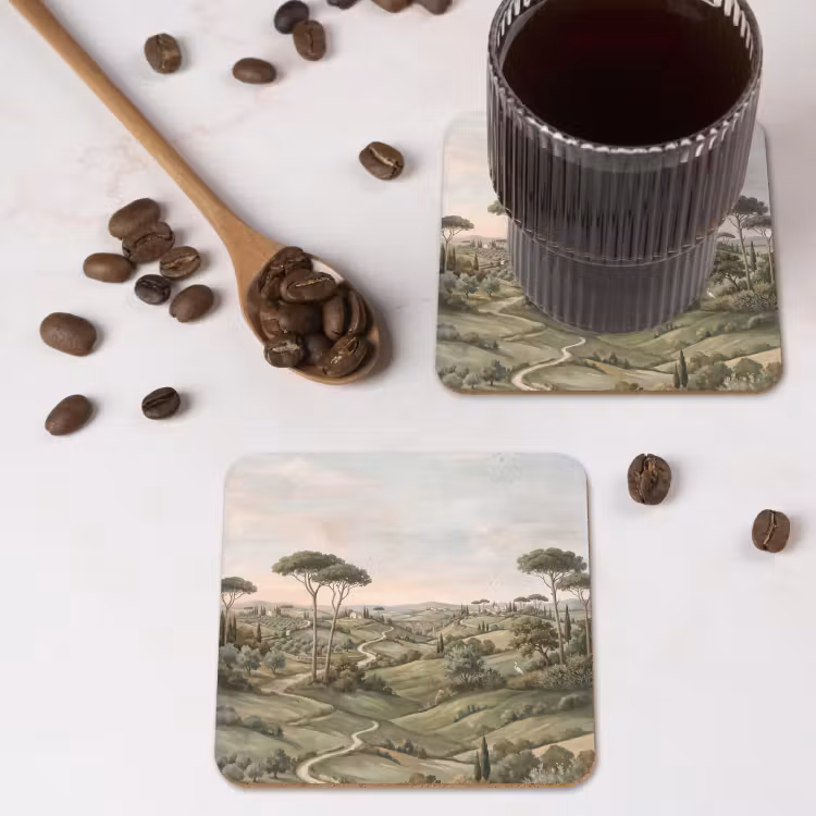 Landschap - Heuvels - Zandpad - Groen onderzetter kurk middel -sfeer2
