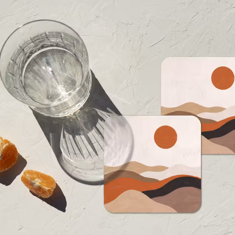 Landschap - Heuvels - Zon - Abstract - Oranje onderzetter kurk middel -sfeer4