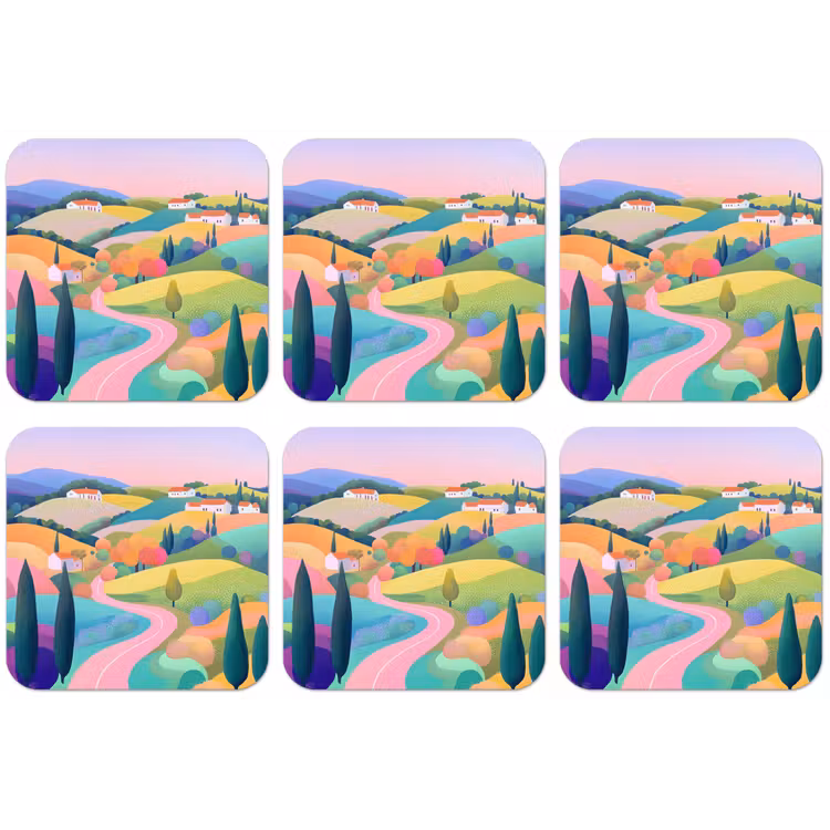 Landschap - Paars - Pastel - Huizen onderzetter kurk middel -zkaufland3dotto