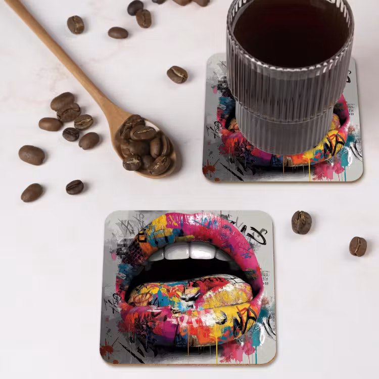 Lippen - Graffiti - Expressief onderzetter kurk middel -sfeer2