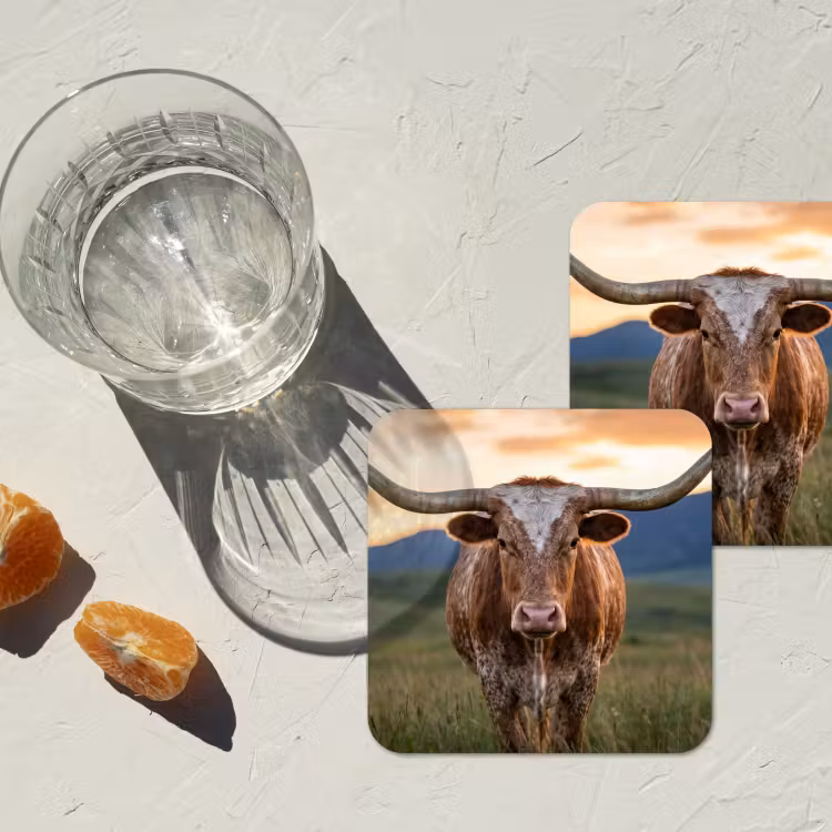 Longhorn - Landschap - Zonsondergang onderzetter kurk middel -sfeer4