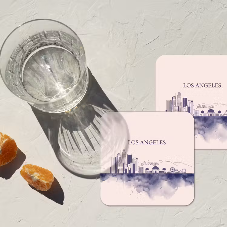 Los Angeles - Skyline - Architectuur - Aquarel - Blauw onderzetter kurk middel -sfeer4