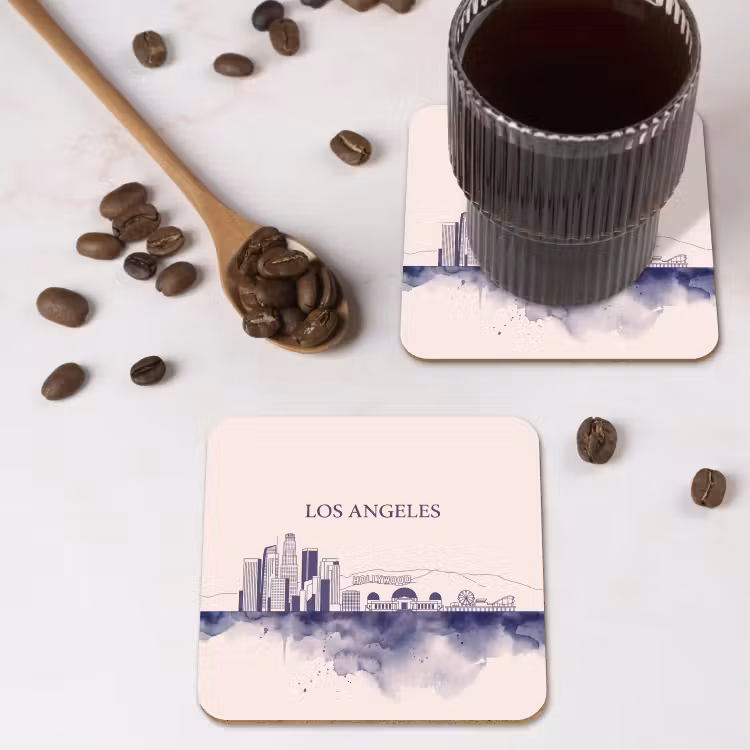 Los Angeles - Skyline - Architectuur - Aquarel - Blauw onderzetter kurk middel -sfeer2