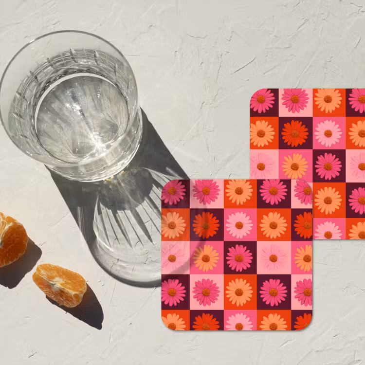 Madeliefjes - Dambord - Retro - Roze - Oranje onderzetter kurk middel 366 -sfeer4