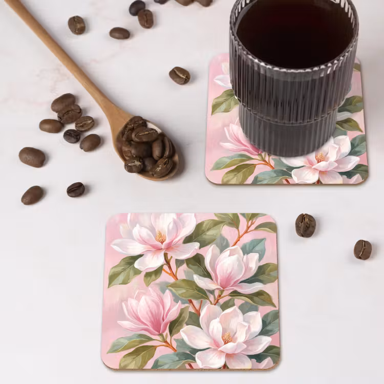 Magnolia's - Patroon - Roze onderzetter kurk middel -sfeer2