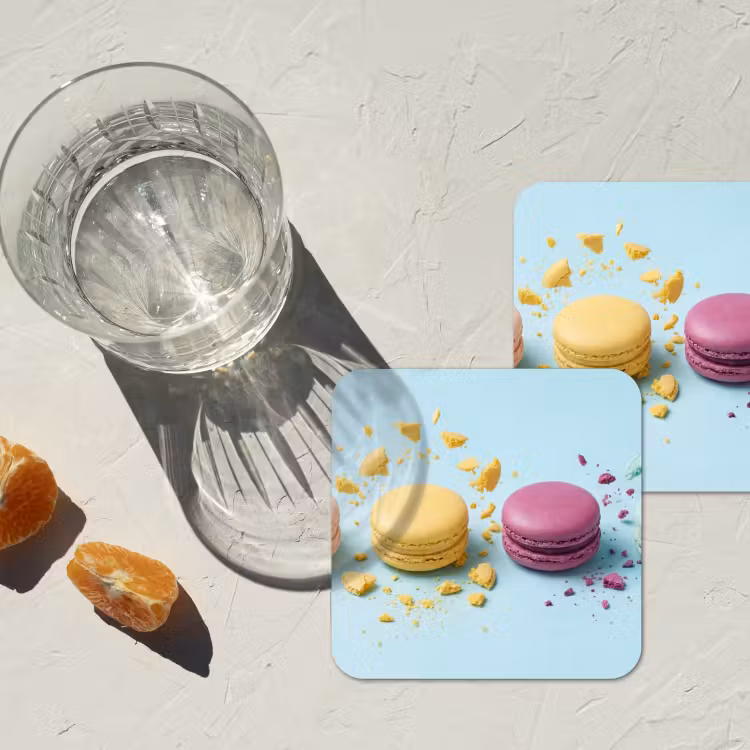 Macarons - Kleurrijk - Pastel onderzetter kurk middel -sfeer4