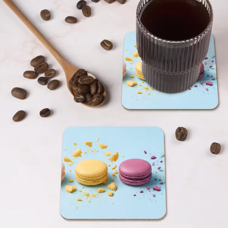 Macarons - Kleurrijk - Pastel onderzetter kurk middel -sfeer2